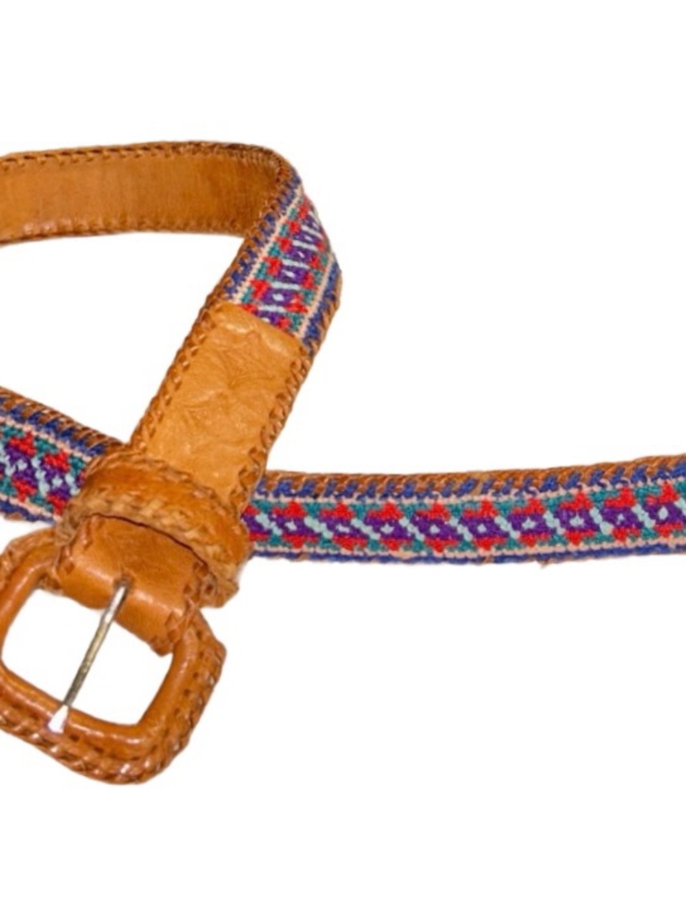 Vintage ~Size Small (32) Brown Leather W/Multi-Colors Knitted Aztec Western Belt